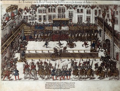 Henri II:n turnaus ja kuolema (30. kesäkuuta 1559): tyttärensä häissä (nykyinen paikka des vosges) hän taisteli skotlantilaisen kaartinsa kapteenia Gabriel de Montgomerya vastaan, joka satuttaa häntä keihään silmässä. Kaiverrus 1500-luvulta Pe tekijältä J. J. and Tortorel J. (fl.1568 92) Perrissin