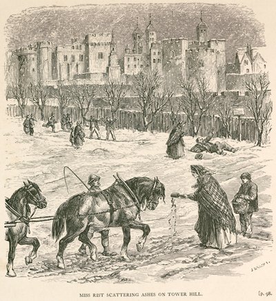 "Neiti Rist hajottaa tuhkaa Tower Hillille", Lontoo, 1840 tekijältä J Knight