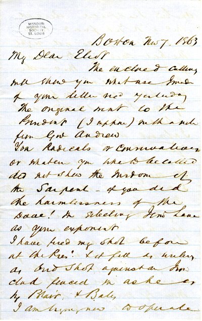 Kirje allekirjoitettu J.M.F. [J.M. Forbes], Boston, Eliotille [William G. Eliot], 7. marraskuuta 1863 tekijältä J. M. Forbes