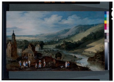Laaja jokimaisema, jossa talonpojat keräävät satoa tekijältä J. & Momper J. de (1564 1635) Brueghel