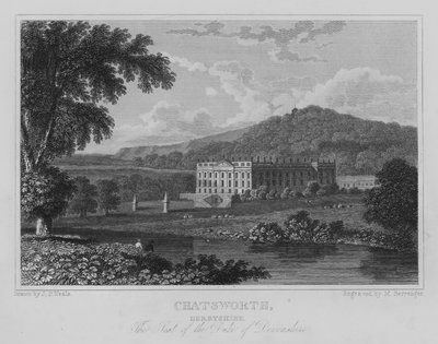 Chatsworth, Derbyshire, Devonshiren herttuan istuin (kaiverrus) tekijältä John Preston Neale
