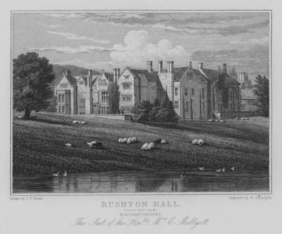 Rushton Hall, South West View, Northamptonshire, The Seat of the Honorable Mrs C Medlycott (kaiverrus) tekijältä John Preston Neale