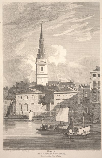 Näkymä St. Brides -kirkosta, otettu Thames-joelta, kaivertanut Matthews tekijältä John Preston Neale
