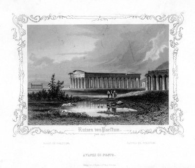 Paestumin rauniot, Italia, 1800-luku tekijältä J. Poppel