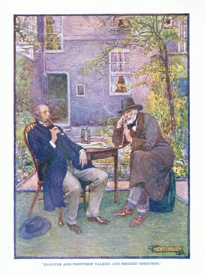 Carlyle ja Tennyson puhuivat ja polttivat yhdessä, englantilaisen kirjallisuuden pub. T C & EC Jack, n. 1920 tekijältä J. R. Skelton