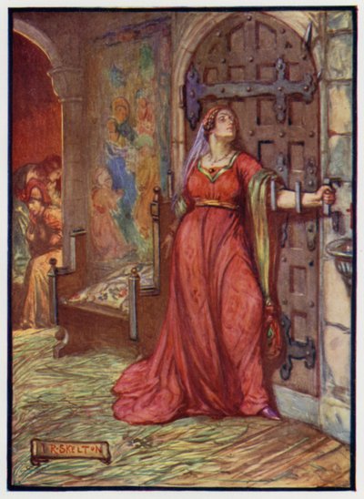 Catherine Douglas, yksi Skotlannin kuningas Jaakko I:n kuningattaren Joan Beaufortin palvelijattarista, estää käsivarrellaan kuninkaan tappamista yrittävien salamurhaajien oven. tekijältä J. R. Skelton