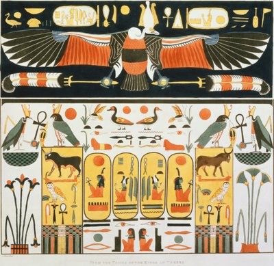 G. Belzonin löytämä seinämaalaus Theban kuninkaiden haudoista, levy 2 teoksesta "Plates Illustrative of the Researches in Egypt and Nubia", kaiverrettu Charles Hullmandel (1789-1850) 1820-22) (valaistu tekijältä J. Ricci