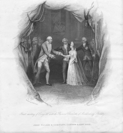 Yrjö III:n ensimmäinen tapaaminen prinsessa Charlotten kanssa..., 1761, 1800-luvun puoliväli. tekijältä J. Rogers
