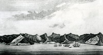 Näkymä Cumberlandin lahdelle Juan Fernandesin saarella, n. 1745 (kaiverrus) tekijältä J. S. Mason