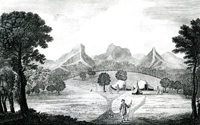 Näkymä Commodore-telttaan Juan Fernandesin saarella, n. 1745 (kaiverrus) tekijältä J. S. Mason