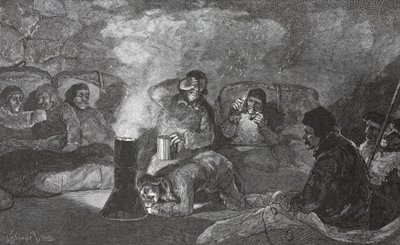 Talvimajamme sisustus Camp Clayssa ruoanlaiton aikana, 1883 pub. Lontoo 1886 tekijältä J. Steeple Davis