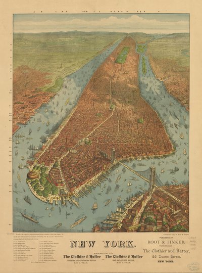 Perspektiivikartta ei ole piirretty mittakaavassa. New York tekijältä J. W. Root and Tinker Williams