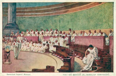 Cicero hyökkää Catilina kimppuun muinaisen Rooman senaatissa (väri litho) tekijältä J. Williamson