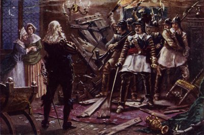 Oliver Cromwellin parlamentaariset sotilaat murtautumassa kuningas Kaarle I:n kannattajan taloon (värilitho) tekijältä J. Williamson