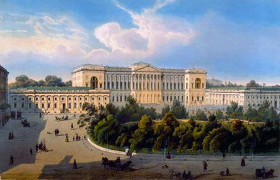 Suurherttua Mihailin palatsi, Näkymä aukiolta, paina Schmidt ja Chevalier, julkaisija Lemercier, Pariisi, 1850-luku tekijältä J. after Charlemagne