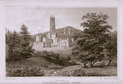 Lounaisnäkymä Fonthill Abbeystä, T. Highamin kaiverrus, 1823 tekijältä J. after Rutter