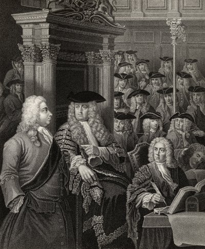 Sir Robert Walpolen hallinnon alahuone, kaiverrettu R. Page, "The Works of William Hogarth", julkaistu 1833 (katso 132107) tekijältä J. and Hogarth, W. Thornhill
