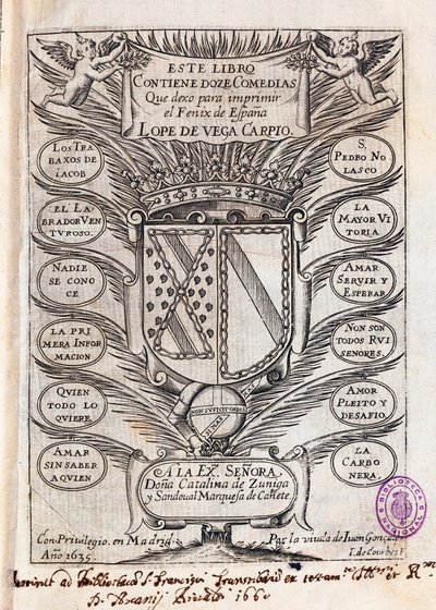 Vega Carpion (1562-1635) toimittaman Felix Lopen kahdentoista komedian kokoelman nimiölehden puoliväli. tekijältä J. de (after) Courbes
