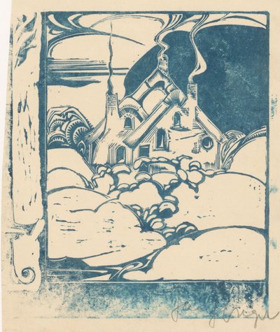 Talo savupiipuineen mäkisessä maisemassa tekijältä Jac Jongert (signed by artist)