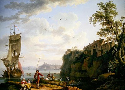 Kalastajat ankkuroidulla aluksella, jossa on kylä tekijältä Jacob Philippe Hackert