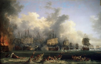 ""Turkkilaisten alusten uppoaminen Tchesmen taistelun aikana 05.07.1770"" (Chesman meritaistelu 5. heinäkuuta 1770) Se vastusti Katariina II:n Venäjän ja Ottomaanien valtakunnan laivastoja Kreikan Chiokseen (Orloffin vallankumous) tai retkikunta f tekijältä Jacob Philippe Hackert
