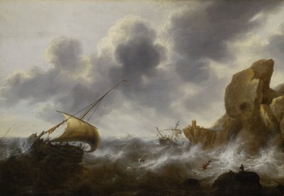 Kalastusvene kalliorannikolla myrskyssä ja haaksirikko, n.1664-65 (öljy paneelille). tekijältä Jacob Adriaensz. Bellevois