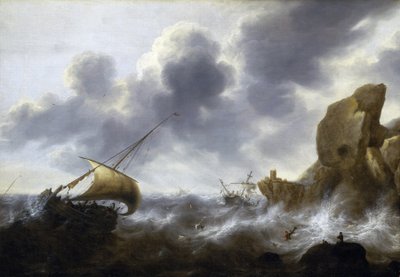 Myrskyyn joutunut kalastusalus kalliorannikon lähellä, jossa on haaksirikko. Jacob Adriaensz Bellevoisin (1621-1675) öljy kankaalle. tekijältä Jacob Adriaensz. Bellevois