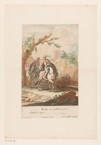 Els genets travessen la vall Medijs in vallibus acri Gaudet equo (títol sobre objecte)finès tekijältä Jacob Andreas Fridrich (I)