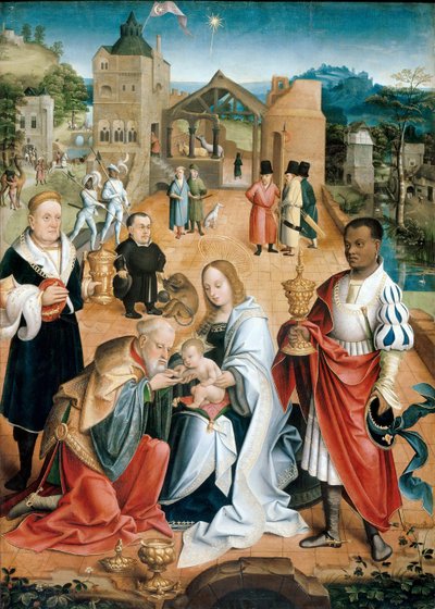 The Adoration of the Magi (Triptyykin keskuspaneeli) - Peinture de Jacob Claesz. van Utrecht (noin 1480-noin 1530) tekijältä Jacob Claesz. von Utrecht