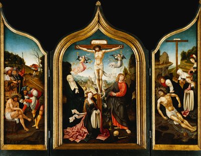 Triptyykki: Kristus ristillä Neitsyen, Magdalenan, Pyhän Johannes evankelistan ja enkelien kanssa; siivillä Kristus tarjosi etikkaa ennen ristiinnaulitsemista ja valituslaulua, tuskaa puutarhassa ja Ecce Homoa, tekijältä Jacob Cornelisz van Oostsanen