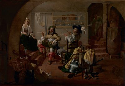 Sotilaita ja naisia sisältävä sisätila, noin 1650 (öljy paneelille). tekijältä Jacob Duck