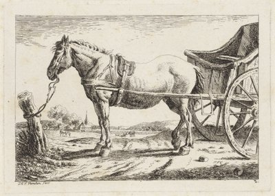 Pysyvä hevonen kiinnitettynä vaunujen eteen Kuusi vedosta eri mestareiden piirustusten jälkeen (sarjan nimi) tekijältä Jacob Elias van Varelen