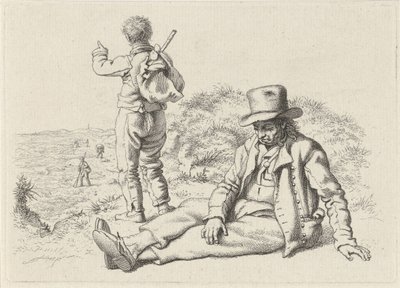 Istuva ja seisova mies rannalla Opintopainotyö / Etudes gravées (sarjan nimi) tekijältä Jacob Ernst Marcus