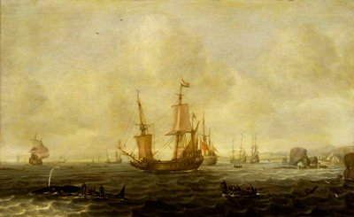Hollantilainen valaanpyyntilaivasto, 1600-luvun puoliväli (öljy paneelille) tekijältä Jacob Feyt de Vries