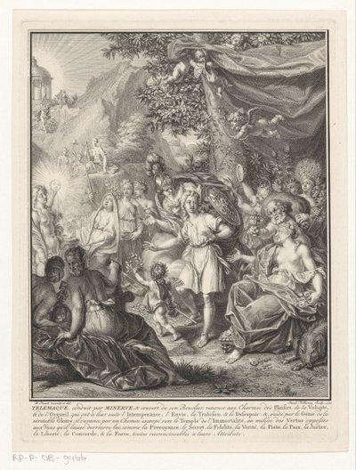 Allegorische voorstelling met Telemachus en Minerva Titelpagina voor: François de Fénelon, Les avantures de Telemaque, 1734 tekijältä Jacob Folkema