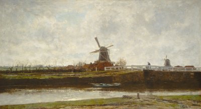 Näkymä myllylle ja sillalle Noordwest Buitensingelissä Haagissa, 1873. tekijältä Jacob Henricus Maris