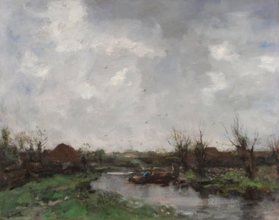 Jokimaisema maalaistaloineen, 1870-luvun lopulla tekijältä Jacob Henricus or Hendricus Maris