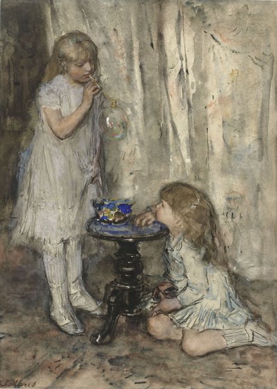 Kaksi tyttöä puhaltaa kuplia, n.1880 (liitu paperille). tekijältä Jacob Henricus or Hendricus Maris