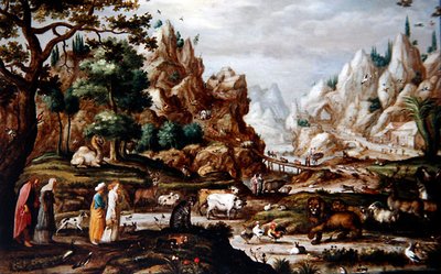 Kalliomaisema Nooan ja eläinten kanssa (öljy paneelissa) tekijältä Jacob II (circle of) Savery
