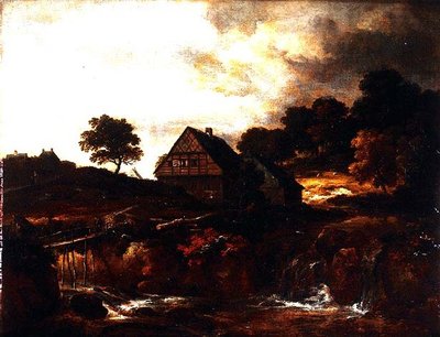 Metsäinen maisema talonpojan kanssa sillalla virtauksen yli tekijältä Jacob I. van (follower of) Ruisdael