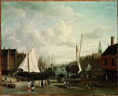 Satama purjeveneineen ja myyntikojuineen (maalaus kankaalle) tekijältä Jacob Isaaksz. or Isaacksz. van Ruisdael