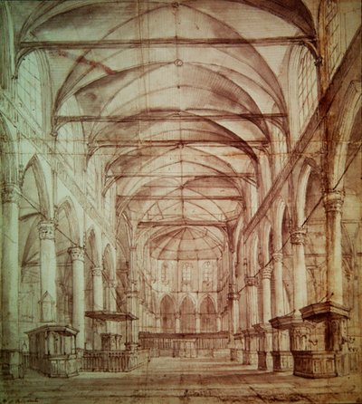 Sisäkuva Oude Kerkistä (vanha kirkko) Amsterdamissa (grafiitti ja intialainen muste paperille) tekijältä Jacob van Ruisdael