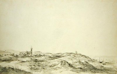 Wijk aan Zeen dyynit (musta liitu ja harmaa muste paperille) tekijältä Jacob van Ruisdael