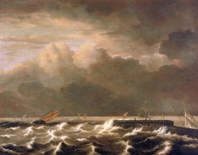 Myrskyisä meri syöksyy laiturin yli, ja myrskyssä näkyy pieniä kalastusveneitä. Jacob Isaakszoon van Ruisdaelin (Ruysdael) (1628-1682) öljy kankaalle. tekijältä Jacob Isaakszoon van Ruysdael