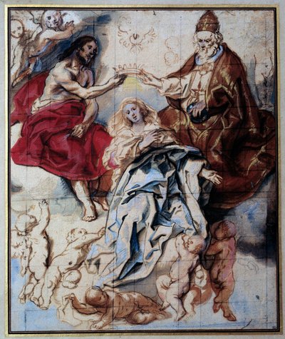 Neitsyt kruunaa Pyhän Kolminaisuuden akvarelli ja guassi Jacob Jordaens (1593-1678) 1600-luvun su. 0,46x0,38 m Pariisi, Musee du Louvre tekijältä Jacob Jordaens