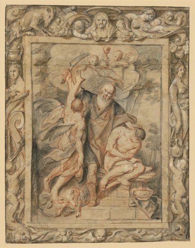 Iisakin uhraaminen (1. Moos. 22:1-12) figuratiivisessa reunuksessa tekijältä Jacob Jordaens