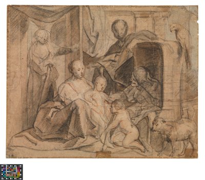 Saksa: Pyhä perhe, Elisabeth ja Johannes Kastaja (takana: ovi, oviaukko ja Hermes).
Hollanti: De Heilige Familie met Elisabeth en de kleine Johannes (keerzijde: Deur, deuropening en Hermes). tekijältä Jacob Jordaens