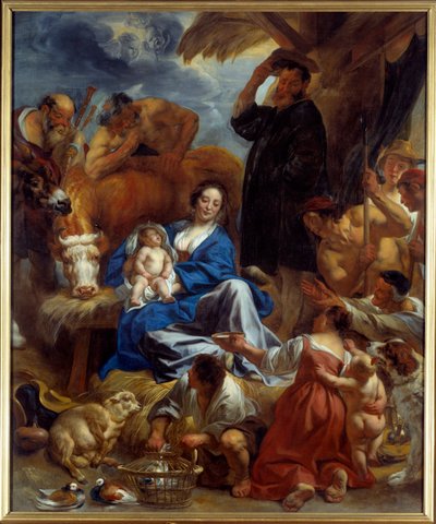 Jacob Jordaensin (1593-1678) maalaus The Adoration of the Shepherds (ec.flam.) 1616-1620 su. 1,95x1,22 m Lyon, Musee des Beaux Arts tekijältä Jacob Jordaens