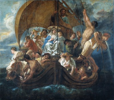 Pyhä perhe ja eri henkilöt ja eläimet veneessä tekijältä Jacob Jordaens
