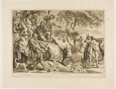 Mestari vetää lehmän ulos ojasta sen hännästä tekijältä Jacob Jordaens